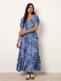 Large Floral Printed Square Neck Puff Sleeve Dress