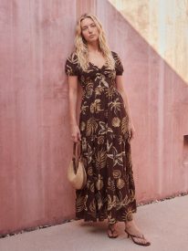 Shell Knot Front Puff Sleeve Midi Dress