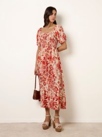 Watercolour Floral Shirred Puff Sleeve Midi Dress