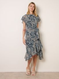 Paisley Print Angel Sleeve Asymmetric Midi Dress