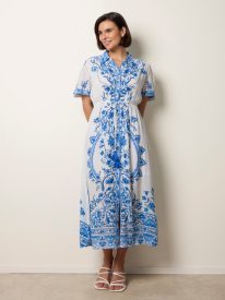 Floral Blue Print Drawstring Dress