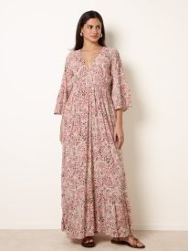Printed Shirred Waist V Neck Maxi Dress