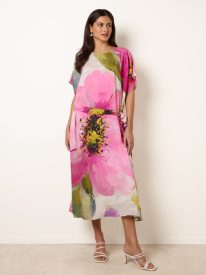Painterly Floral Tie Waist Midi Dress