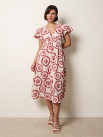 V Neck Frill Sleeve Printed Midi Dress