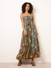 Bold Print Bandeau Shirred Maxi Dress