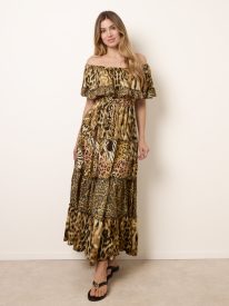 Animal Print Off The Shoulder Maxi Tiered Dress