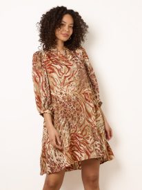 Puff Sleeve Metallic Animal Print Puff Sleeve Tunic Dress