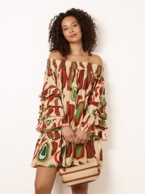 Printed Frill Sleeve Bardot Off Shoulder Tunic Dress