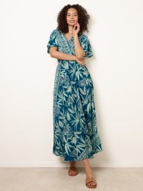 Wrap Over Angel Sleeve Shirred Maxi Dress