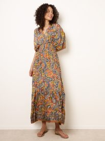 Gathered Sleeve V-Neck Maxi Dress