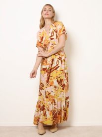 Tropical V Front Shirred Waist Maxi Dress