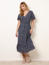 Angel Sleeve Shirred Waist Tier Hem Midi Dress