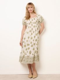 Square Neck Puff Sleeve Shirred Border Midi Dress