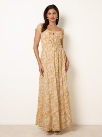 Double Front Tie Shirred Ditsy Floral Maxi Dress