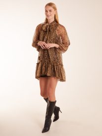 Leopard Print Pussybow Frill Shirt Dress