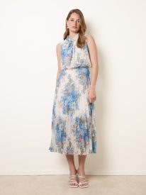 Printed Sleeveless Cowl Neck Pleated Dress