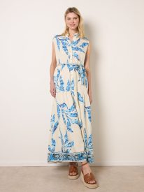 Leaf Print Collarless Shirt Dress With Belted Waist