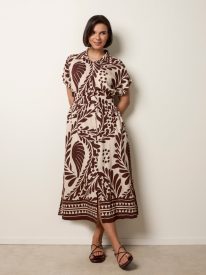 Tropical Leaf Print Belted Shirt Dress