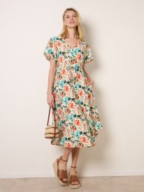 Leaf Print Tie Waist Shirt Midi Dress