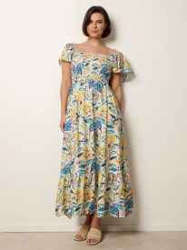 Frill Sleeveless Tropical Floral Print Dress
