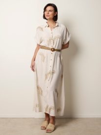Linen Belted Dress With Feather Embroidery