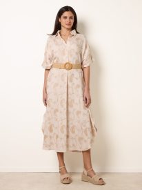 Tunic Style Button Front Dress With Paisley Embroidery