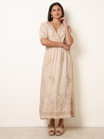 Wrap Front Metallic Embroidery Floral Dress